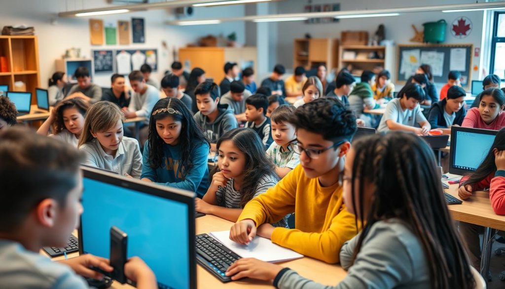 A bustling classroom filled with diverse students, each engaged in a range of activities that showcase their 21st-century skills. In the foreground, a group collaborates on a coding project, their faces lit by the glow of computer screens. In the middle ground, students present their research findings to an attentive audience, demonstrating their communication and critical thinking abilities. The background reveals a well-equipped makerspace, where students tinker with various tools and materials, fostering their creativity and problem-solving skills. The scene is bathed in warm, natural lighting, conveying a sense of creativity, innovation, and the excitement of modern education.
