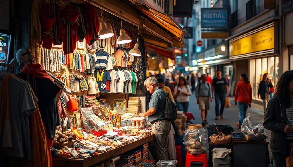 A bustling street market scene with a vendor's stall selling a variety of products. The stall is filled with an assortment of goods, including clothing, accessories, and household items. The vendor stands behind the counter, engaging with customers and showcasing the merchandise. The scene is illuminated by warm, natural lighting, creating a lively and inviting atmosphere. The background features other market stalls, pedestrians, and the vibrant urban environment. The overall composition emphasizes the dynamic energy and entrepreneurial spirit of the marketplace. A bustling street market scene with a vendor's stall selling a variety of products. The stall is filled with an assortment of goods, including clothing, accessories, and household items. The vendor stands behind the counter, engaging with customers and showcasing the merchandise. The scene is illuminated by warm, natural lighting, creating a lively and inviting atmosphere. The background features other market stalls, pedestrians, and the vibrant urban environment. The overall composition emphasizes the dynamic energy and entrepreneurial spirit of the marketplace.