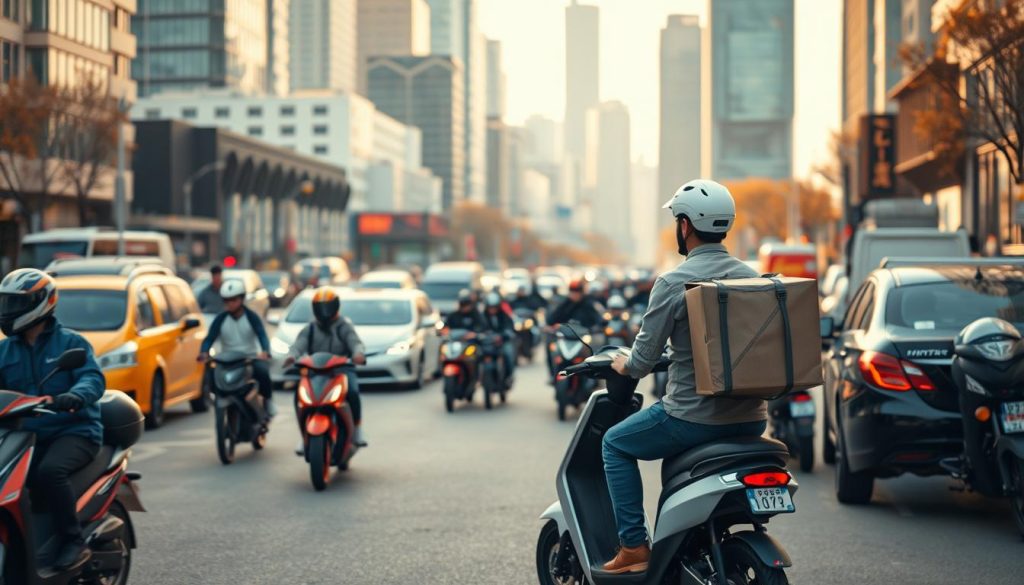 A bustling urban scene of deliveries and mobility. In the foreground, a delivery person on a sleek electric scooter navigates the busy city streets, packages in hand. The mid-ground is filled with a variety of vehicles - cars, bicycles, and more scooters - all in motion, reflecting the dynamic rhythm of the city. The background features a skyline of modern high-rises, with warm, diffused lighting casting a golden glow over the scene. The overall atmosphere conveys a sense of efficiency, progress, and the opportunities available in this fast-paced, on-the-go lifestyle. A bustling urban scene of deliveries and mobility. In the foreground, a delivery person on a sleek electric scooter navigates the busy city streets, packages in hand. The mid-ground is filled with a variety of vehicles - cars, bicycles, and more scooters - all in motion, reflecting the dynamic rhythm of the city. The background features a skyline of modern high-rises, with warm, diffused lighting casting a golden glow over the scene. The overall atmosphere conveys a sense of efficiency, progress, and the opportunities available in this fast-paced, on-the-go lifestyle.
