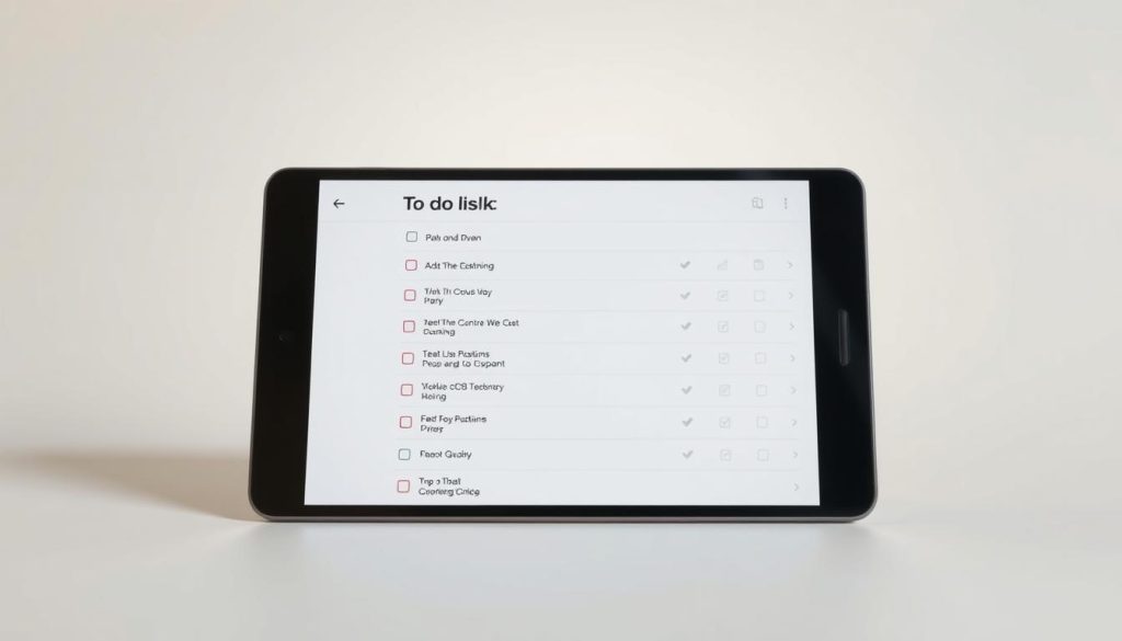 A clean, minimalist to-do list application interface displayed on a sleek, modern device. The screen shows a neatly organized list of tasks, with intuitive icons and checkboxes for easy task management. The background is a soft, neutral tone, creating a calm and focused atmosphere. Subtle shadows and highlights add depth and dimensionality to the design. The overall aesthetic is one of simplicity, productivity, and efficiency - the perfect tool to help organize daily routines and tasks.
