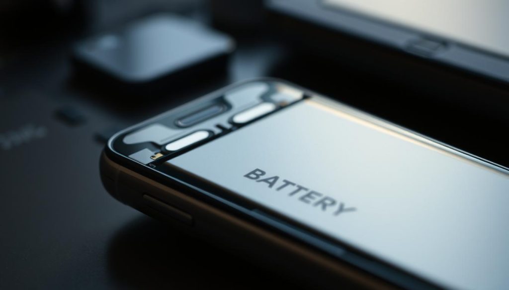 A close-up view of a smartphone battery, illuminated from the side to reveal its intricate metallic structure and delicate components. The battery appears in the foreground, with a soft, muted color palette and gentle shadows that suggest a thoughtful, contemplative mood. The background is slightly blurred, but hints at the technological context of the device. The overall composition conveys the battery's importance as a crucial power source for modern smartphones, inviting the viewer to consider its role in the larger ecosystem of mobile applications and energy efficiency.
