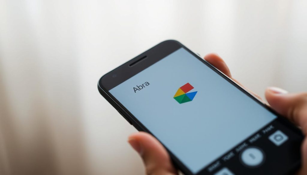 A close-up view of an Android smartphone screen displaying the Google Photos app interface, with the "Abra" icon prominently featured. The smartphone is held in a user's hand against a blurred, softly-lit background, conveying a sense of mobile editing and media management. The composition emphasizes the app's simplicity and user-friendliness, with a clean, minimalist design and intuitive controls. The lighting is natural and diffused, creating a warm, inviting atmosphere. The angle and perspective suggest an intimate, hands-on experience with the app, as if the viewer is about to dive into editing their own mobile videos.