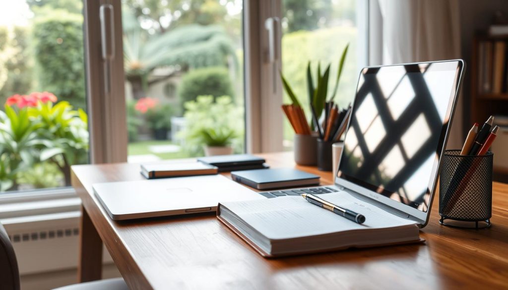 A cozy, well-lit home office with a wooden desk, a modern laptop, and a neatly organized stationery set. In the background, a large window overlooking a lush garden, the soft natural light streaming in. On the desk, an open notebook with a pen resting on it, symbolizing the act of blogging. The overall atmosphere is one of productivity, simplicity, and the seamless integration of technology into a comfortable, inspiring workspace.