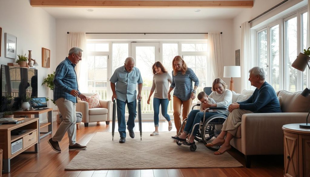 A cozy, well-lit living room with natural light streaming through large windows. A diverse group of people, including the elderly, individuals with physical disabilities, and families with young children, are effortlessly navigating the space. Assistive technologies, such as voice-controlled smart home devices, adjustable furniture, and tactile floor guides, are seamlessly integrated into the environment, ensuring accessibility and comfort for all. The overall atmosphere is warm, inviting, and promotes a sense of inclusivity, where everyone can feel at home. A cozy, well-lit living room with natural light streaming through large windows. A diverse group of people, including the elderly, individuals with physical disabilities, and families with young children, are effortlessly navigating the space. Assistive technologies, such as voice-controlled smart home devices, adjustable furniture, and tactile floor guides, are seamlessly integrated into the environment, ensuring accessibility and comfort for all. The overall atmosphere is warm, inviting, and promotes a sense of inclusivity, where everyone can feel at home.