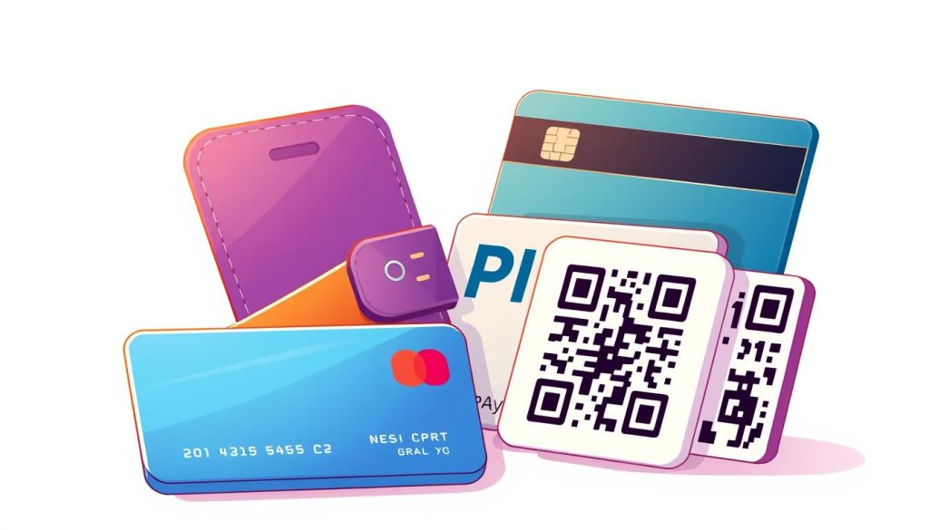 A detailed, colorful illustration depicting various payment methods - a digital wallet, credit/debit cards, and a QR code representing the PIX payment system. Set against a clean, minimalist background with a soft, warm lighting scheme. The composition should highlight the diversity and convenience of these modern payment options. Capture the overall theme of digital financial transactions in a visually engaging and informative manner. A detailed, colorful illustration depicting various payment methods - a digital wallet, credit/debit cards, and a QR code representing the PIX payment system. Set against a clean, minimalist background with a soft, warm lighting scheme. The composition should highlight the diversity and convenience of these modern payment options. Capture the overall theme of digital financial transactions in a visually engaging and informative manner.