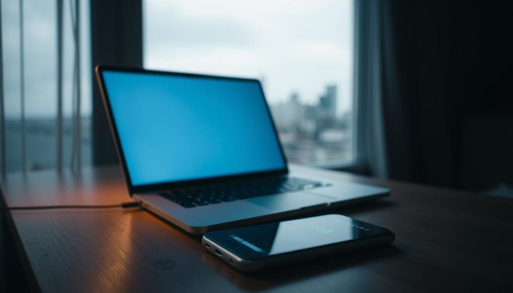 A dimly lit home interior, showcasing an open laptop on a wooden desk. The screen emits a soft, blue-tinted glow, casting a contemplative atmosphere. In the foreground, a smartphone lies next to the laptop, its battery level indicator visually representing energy consumption. The background features a window with a city skyline visible beyond, hinting at the constant connectivity and energy demands of modern life. The lighting is subtle, with shadows adding depth and a sense of balance to the composition. The overall mood evokes a thoughtful, introspective exploration of energy usage and its impact on our daily routines.
