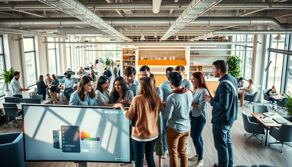 A diverse team of professionals collaborating in a bright, modern office setting. In the foreground, colleagues huddle around a large, interactive display, gesturing animatedly as they brainstorm and share ideas. The middle ground features a mix of open workspaces, informal seating areas, and huddle rooms, all bathed in warm, natural lighting from floor-to-ceiling windows. In the background, the office opens up to a communal kitchen and lounge area, where colleagues casually interact over coffee and snacks, fostering a sense of camaraderie and connectivity. The overall scene conveys a vibrant, energetic atmosphere of productive teamwork and efficient communication.