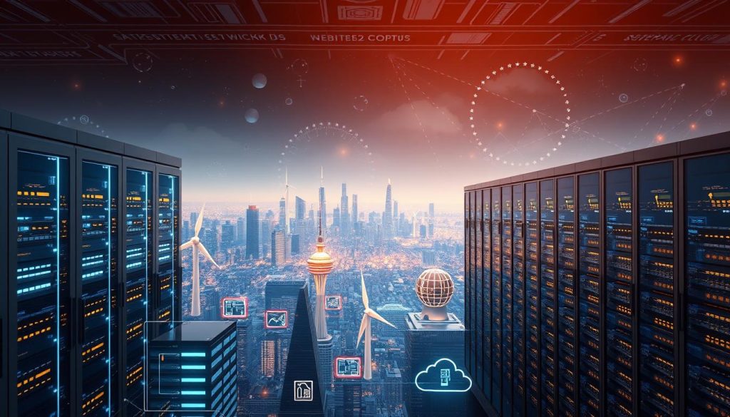 A futuristic, intelligent infrastructure scene featuring a hybrid cloud computing network. In the foreground, sleek data centers and server racks, emitting a soft, ambient glow. In the middle ground, a sprawling city skyline with towering skyscrapers and renewable energy sources like solar panels and wind turbines. The background is a vast, shimmering landscape of connected devices, IoT sensors, and glowing holographic interfaces. Warm lighting creates a sense of efficiency and technological harmony. The scene conveys the seamless integration of advanced computing, energy optimization, and smart city technologies, as envisioned for the year 2025. A futuristic, intelligent infrastructure scene featuring a hybrid cloud computing network. In the foreground, sleek data centers and server racks, emitting a soft, ambient glow. In the middle ground, a sprawling city skyline with towering skyscrapers and renewable energy sources like solar panels and wind turbines. The background is a vast, shimmering landscape of connected devices, IoT sensors, and glowing holographic interfaces. Warm lighting creates a sense of efficiency and technological harmony. The scene conveys the seamless integration of advanced computing, energy optimization, and smart city technologies, as envisioned for the year 2025.