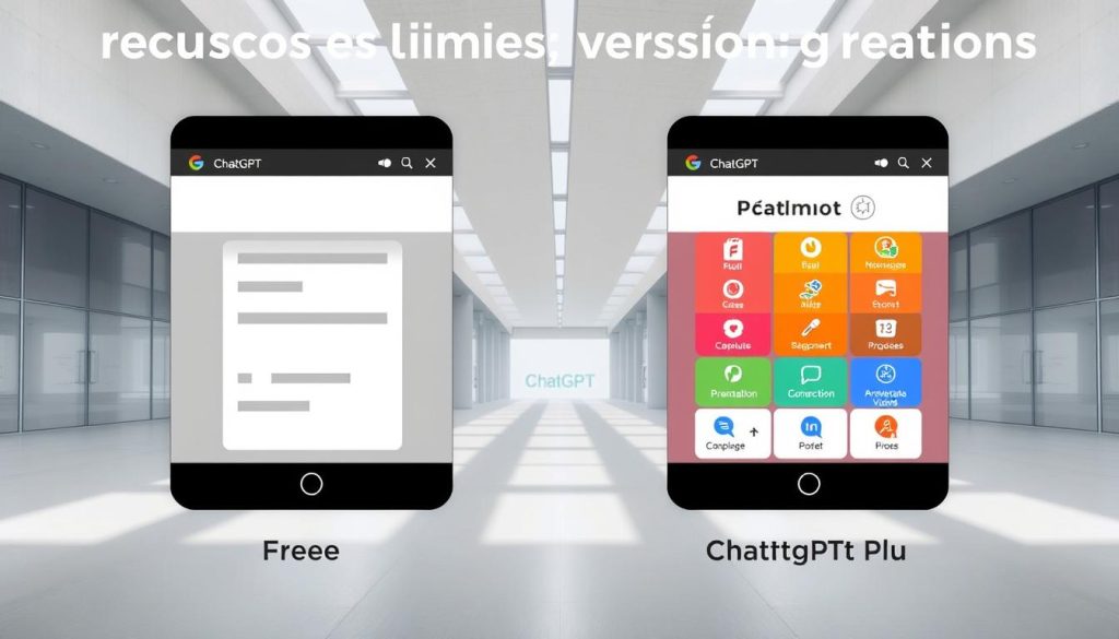 A high-quality, detailed illustration of "recursos e limites versão gratuita" in the style of a technical diagram or informational graphic. The image should feature a clean, minimalist layout with distinct sections delineating the free and paid versions of ChatGPT. The free version should be depicted with a simple, stripped-down interface, emphasizing its limitations through muted colors and sparse details. In contrast, the paid version (ChatGPT Plus) should be represented with a more robust, feature-rich interface, conveyed through vibrant colors, additional functionality icons, and a sense of expanded capabilities. The overall mood should be informative and straightforward, guiding the viewer's attention to the key differences between the two versions. Crisp, high-resolution rendering with a neutral, architectural background to provide a professional, technical aesthetic.