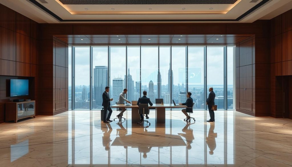A high-resolution photo of a modern banking office interior, featuring a polished marble floor, elegant wood paneled walls, and a large panoramic window overlooking a bustling city skyline. In the center of the frame, a team of bankers and financial analysts are gathered around a sleek conference table, intently studying data displayed on a series of floating holographic screens. The lighting is soft and diffused, creating a sense of calm professionalism. The overall atmosphere conveys a feeling of security, technological sophistication, and financial stability. A high-resolution photo of a modern banking office interior, featuring a polished marble floor, elegant wood paneled walls, and a large panoramic window overlooking a bustling city skyline. In the center of the frame, a team of bankers and financial analysts are gathered around a sleek conference table, intently studying data displayed on a series of floating holographic screens. The lighting is soft and diffused, creating a sense of calm professionalism. The overall atmosphere conveys a feeling of security, technological sophistication, and financial stability.