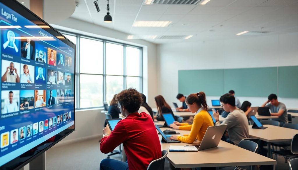 A high-tech digital education platform with a sleek, modern interface. In the foreground, a large interactive touchscreen display showcases engaging multimedia content for high school students. In the middle ground, small groups of students collaboratively work on tablets and laptops, immersed in their studies. The background features a clean, minimalist classroom setting with large windows allowing natural light to flood the space, creating a bright, productive atmosphere. The lighting is soft and even, with a slight hazy glow that enhances the sense of a technologically-advanced learning environment. The camera angle is slightly elevated, giving an overview of the dynamic, student-centered educational experience. A high-tech digital education platform with a sleek, modern interface. In the foreground, a large interactive touchscreen display showcases engaging multimedia content for high school students. In the middle ground, small groups of students collaboratively work on tablets and laptops, immersed in their studies. The background features a clean, minimalist classroom setting with large windows allowing natural light to flood the space, creating a bright, productive atmosphere. The lighting is soft and even, with a slight hazy glow that enhances the sense of a technologically-advanced learning environment. The camera angle is slightly elevated, giving an overview of the dynamic, student-centered educational experience.