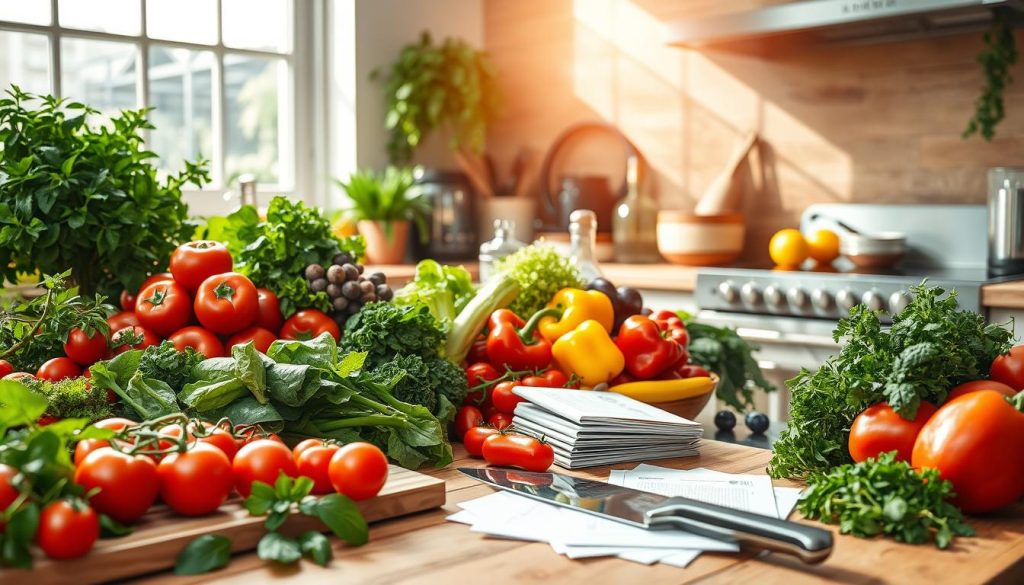 A lush, sun-drenched kitchen counter brimming with a vibrant array of fresh produce - juicy tomatoes, crisp greens, vibrant bell peppers, and fragrant herbs. In the foreground, a wooden cutting board with a chef's knife and a stack of recipe cards, hinting at the delectable culinary creations to come. The middle ground showcases an assortment of kitchen appliances - a sleek blender, a vintage-inspired food processor, and a modern induction cooktop, all suggestive of the nourishing meals that will soon be prepared. The background features a large window, allowing natural light to flood the space and casting a warm, inviting glow over the scene. This image perfectly encapsulates the joy and health-focused philosophy of the "Culinária, receitas e alimentação saudável" section.