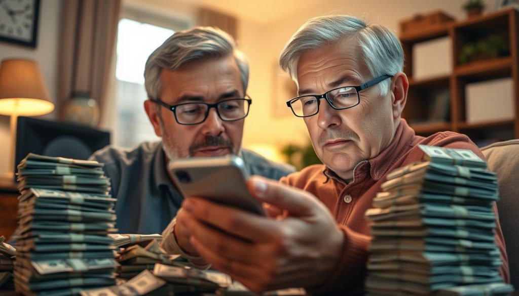 A middle-aged person intently watching videos on a smartphone, surrounded by piles of money. The scene is set in a cozy, well-lit home office with a warm, inviting ambiance. The person's expression conveys a sense of focus and engagement, their gaze fixed on the screen. The money, neatly stacked and organized, suggests the potential for substantial earnings from this activity. The overall composition evokes a feeling of financial opportunity and the pursuit of a passive income stream through the act of watching videos.
