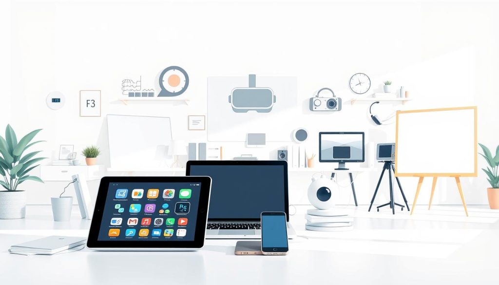 A modern and minimalist illustration of various digital learning tools and resources. In the foreground, a tablet, laptop, and smartphone are neatly arranged, showcasing educational apps, e-books, and online collaboration platforms. The middle ground features virtual reality headsets, coding kits, and interactive whiteboards, emphasizing the versatility of digital technologies in the classroom. The background depicts a clean, bright workspace with minimalist decor, creating a serene and focused atmosphere conducive to learning. The image is illuminated by soft, natural lighting, capturing the essence of how digital tools and resources can enhance and empower modern education.
