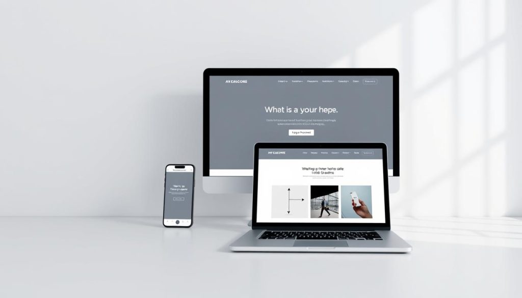 A modern, minimalist website design with a clean, responsive layout. In the foreground, a laptop or desktop computer displays the website's homepage, showcasing a simple, intuitive user interface with clear navigation options. In the middle ground, a smartphone and tablet display the same website, highlighting its mobile-friendly design. The background features a subtle gradient or geometric pattern, creating a sleek, professional atmosphere. The lighting is soft and directional, casting gentle shadows that enhance the three-dimensional depth. The camera angle is slightly elevated, providing a bird's-eye view of the scene, conveying a sense of efficiency and productivity.