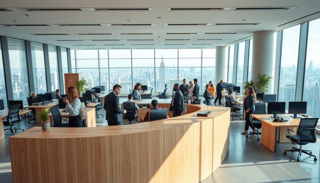 A modern office interior with a large, sleek customer service counter in the foreground. The counter is made of smooth, polished wood and has a minimalist, contemporary design. Behind the counter, there are several employees in professional attire assisting customers. The middle ground features a well-organized, open-plan workspace with a mix of desks, ergonomic chairs, and collaborative spaces. The background showcases floor-to-ceiling windows, letting in abundant natural light and offering a panoramic view of a bustling cityscape. The overall atmosphere conveys a sense of efficiency, professionalism, and a commitment to providing excellent customer support. A modern office interior with a large, sleek customer service counter in the foreground. The counter is made of smooth, polished wood and has a minimalist, contemporary design. Behind the counter, there are several employees in professional attire assisting customers. The middle ground features a well-organized, open-plan workspace with a mix of desks, ergonomic chairs, and collaborative spaces. The background showcases floor-to-ceiling windows, letting in abundant natural light and offering a panoramic view of a bustling cityscape. The overall atmosphere conveys a sense of efficiency, professionalism, and a commitment to providing excellent customer support.