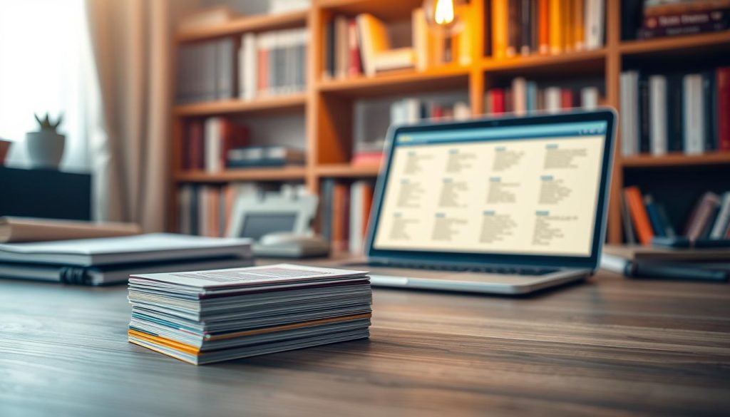 A neatly organized desk, with a stack of flashcards in the foreground, their vibrant colors contrasting against the muted tones of the wooden surface. In the middle ground, a laptop displays digital flashcards, the screen illuminated with a warm glow. In the background, a cozy bookshelf filled with reference materials, creating a serene and focused study environment. The lighting is soft and diffused, casting a gentle, contemplative atmosphere. The composition emphasizes the harmony between traditional and digital learning tools, reflecting the efficient memorization process of "memorização com flashcards". A neatly organized desk, with a stack of flashcards in the foreground, their vibrant colors contrasting against the muted tones of the wooden surface. In the middle ground, a laptop displays digital flashcards, the screen illuminated with a warm glow. In the background, a cozy bookshelf filled with reference materials, creating a serene and focused study environment. The lighting is soft and diffused, casting a gentle, contemplative atmosphere. The composition emphasizes the harmony between traditional and digital learning tools, reflecting the efficient memorization process of "memorização com flashcards".