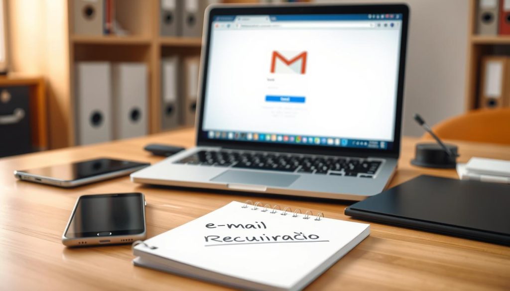 A neatly organized office desk with a laptop, smartphone, and a notepad with the title "e-mail recuperação" written on it. The laptop screen displays a Gmail login page, hinting at the process of recovering a Gmail account. The lighting is soft and natural, creating a focused and professional atmosphere. The desk is set against a blurred background of bookshelves or file cabinets, conveying a sense of a productive work environment. The overall composition and details suggest the necessary steps and preparations for recovering a Gmail account.