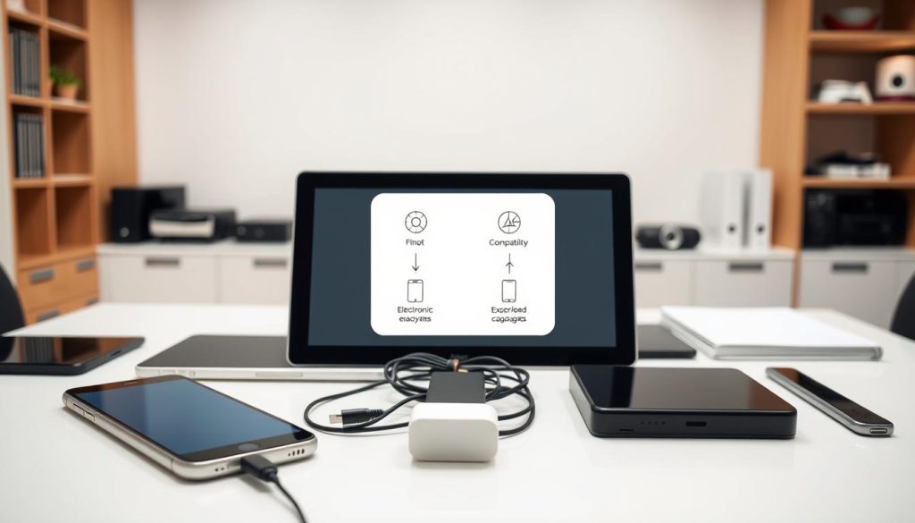 A neatly organized office desk with various electronic devices and gadgets in the foreground, including a smartphone, tablet, laptop, and power adapter. In the middle ground, a diagram or infographic illustrates the concept of device compatibility, with icons and simple schematics. The background features a clean, minimalist interior with neutral tones, creating a professional and informative atmosphere. The lighting is soft and diffused, highlighting the details of the gadgets and the clarity of the compatibility information. The overall scene conveys a sense of thoughtful planning and preparation before purchasing new electronic devices for the home. A neatly organized office desk with various electronic devices and gadgets in the foreground, including a smartphone, tablet, laptop, and power adapter. In the middle ground, a diagram or infographic illustrates the concept of device compatibility, with icons and simple schematics. The background features a clean, minimalist interior with neutral tones, creating a professional and informative atmosphere. The lighting is soft and diffused, highlighting the details of the gadgets and the clarity of the compatibility information. The overall scene conveys a sense of thoughtful planning and preparation before purchasing new electronic devices for the home.