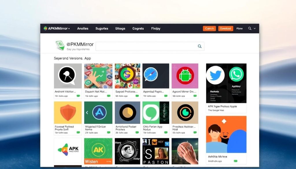 A neatly organized web interface displaying various versions of the popular APKMirror app repository. The foreground showcases a clean and intuitive layout, with large thumbnails highlighting different APK files available for download. The middle ground features a search bar and filtering options, allowing users to easily navigate and find specific app versions. The background depicts a serene, minimalist design with subtle gradients and textures, creating a sense of professionalism and trustworthiness. The overall composition conveys a secure and reliable platform for obtaining verified, ad-free Android applications outside of the official Google Play Store.