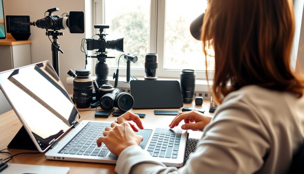 A professional photographer capturing a Shutterstock contributor at their workstation. In the foreground, we see the contributor's hands typing on a modern laptop, fingers gracefully dancing across the keyboard. The middle ground showcases a desktop cluttered with a high-end camera, various lenses, and a sleek drawing tablet, signifying their creative process. In the background, a large window floods the room with natural light, casting a warm, productive atmosphere. The contributor's face is not visible, maintaining their anonymity, but their body language exudes a sense of focus and determination as they earn income through their visual content. A professional photographer capturing a Shutterstock contributor at their workstation. In the foreground, we see the contributor's hands typing on a modern laptop, fingers gracefully dancing across the keyboard. The middle ground showcases a desktop cluttered with a high-end camera, various lenses, and a sleek drawing tablet, signifying their creative process. In the background, a large window floods the room with natural light, casting a warm, productive atmosphere. The contributor's face is not visible, maintaining their anonymity, but their body language exudes a sense of focus and determination as they earn income through their visual content.