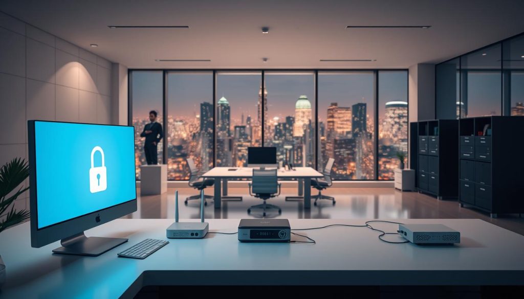 A secure network, depicted as a sleek, modern office space with clean lines and minimalist decor. In the foreground, a desktop computer with a glowing screen displaying a secure lock icon, symbolizing online safety and data protection. Strategically placed around the room, various cybersecurity devices such as firewalls, routers, and VPN modems, all emanating a soft, ambient glow that illuminates the space. The middle ground features a well-organized workspace with ergonomic furniture and a sense of order, conveying professionalism and attention to detail. The background showcases a large, floor-to-ceiling window overlooking a bustling city skyline, creating a sense of connectivity and technological advancement. The overall mood is one of sophistication, security, and technological prowess. A secure network, depicted as a sleek, modern office space with clean lines and minimalist decor. In the foreground, a desktop computer with a glowing screen displaying a secure lock icon, symbolizing online safety and data protection. Strategically placed around the room, various cybersecurity devices such as firewalls, routers, and VPN modems, all emanating a soft, ambient glow that illuminates the space. The middle ground features a well-organized workspace with ergonomic furniture and a sense of order, conveying professionalism and attention to detail. The background showcases a large, floor-to-ceiling window overlooking a bustling city skyline, creating a sense of connectivity and technological advancement. The overall mood is one of sophistication, security, and technological prowess.