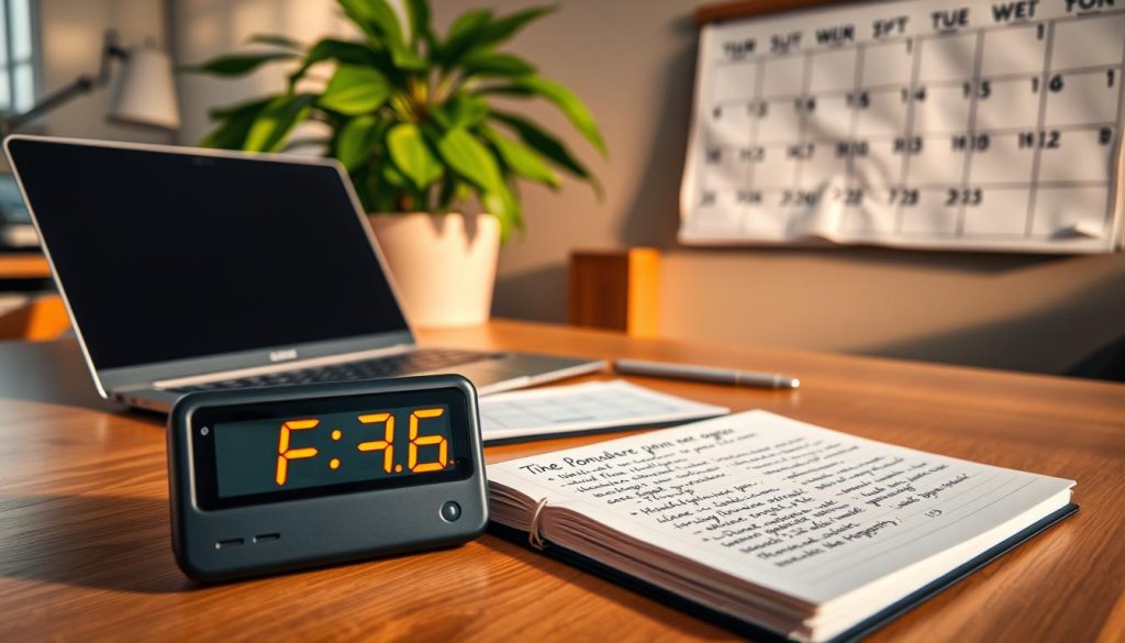 A serene, home office setting with a wooden desk, a laptop, and a potted plant. The lighting is soft and warm, casting a cozy ambiance. In the foreground, a digital timer in the Pomodoro style ticks away, symbolizing time management. Behind it, a notebook with handwritten notes on productivity techniques. In the background, a large wall calendar displays the days of the week, emphasizing the importance of scheduling and organization. The scene conveys a sense of focus, efficiency, and a balanced approach to work-life harmony.