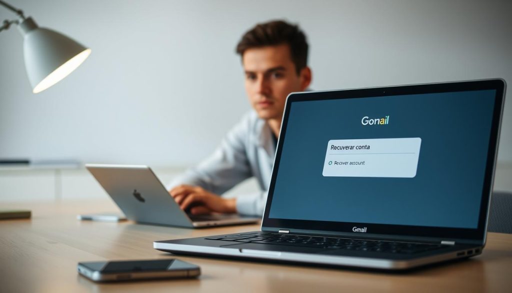 A serene, well-lit office setting with a desk, laptop, and smartphone in the foreground. On the laptop screen, a Gmail login page is displayed, highlighting the "Recuperar conta" (Recover account) option. In the middle ground, a person sitting at the desk is intently focused on the screen, their expression conveying a sense of determination and problem-solving. The background features minimalist decor, providing a calming, professional atmosphere. Soft, diffused lighting gently illuminates the scene, creating a sense of warmth and clarity.