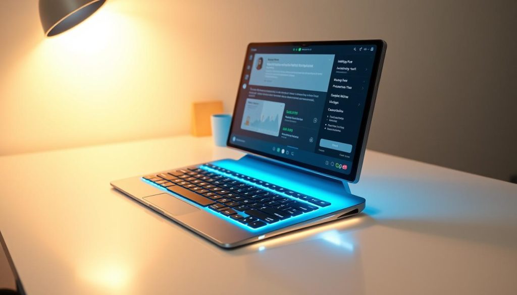 A sleek, modern office desk with an intelligent keyboard, casting a warm glow in a minimalist workspace. The keyboard features advanced haptic feedback, predictive text, and customizable hotkeys, enabling rapid, precise typing. The screen displays a digital assistant, offering contextual productivity tips. Soft, directional lighting illuminates the scene, creating a focused, efficient atmosphere. The layout is uncluttered, allowing the user to concentrate on their work seamlessly. The overall impression is one of technological sophistication enhancing human productivity. A sleek, modern office desk with an intelligent keyboard, casting a warm glow in a minimalist workspace. The keyboard features advanced haptic feedback, predictive text, and customizable hotkeys, enabling rapid, precise typing. The screen displays a digital assistant, offering contextual productivity tips. Soft, directional lighting illuminates the scene, creating a focused, efficient atmosphere. The layout is uncluttered, allowing the user to concentrate on their work seamlessly. The overall impression is one of technological sophistication enhancing human productivity.