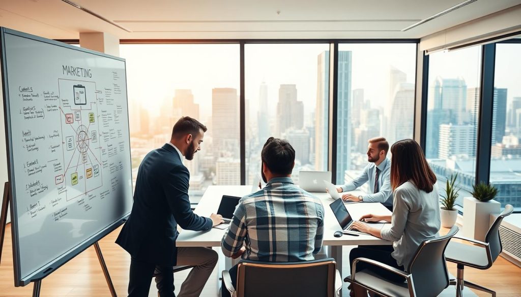 A sleek, modern office space with clean lines and minimalist decor. In the foreground, a whiteboard displays a complex marketing strategy, with colorful diagrams and annotations. In the middle ground, a team of professionals in business casual attire collaborates around a conference table, laptops open and pens in hand. The background features floor-to-ceiling windows overlooking a bustling city skyline, bathed in warm, natural lighting. The overall atmosphere is one of productive focus, strategic planning, and a commitment to effective marketing solutions.