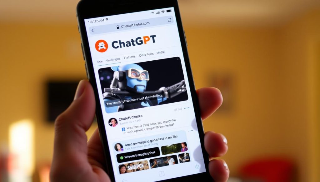A smartphone display showing the ChatGPT website, the screen filled with the familiar chatbot interface. The device is held in a hand, casting a natural shadow across the lower half of the display. The background is slightly blurred, suggesting an indoor setting with warm, natural lighting. The overall scene conveys a sense of ease and accessibility, highlighting how ChatGPT can be accessed conveniently on a mobile device.