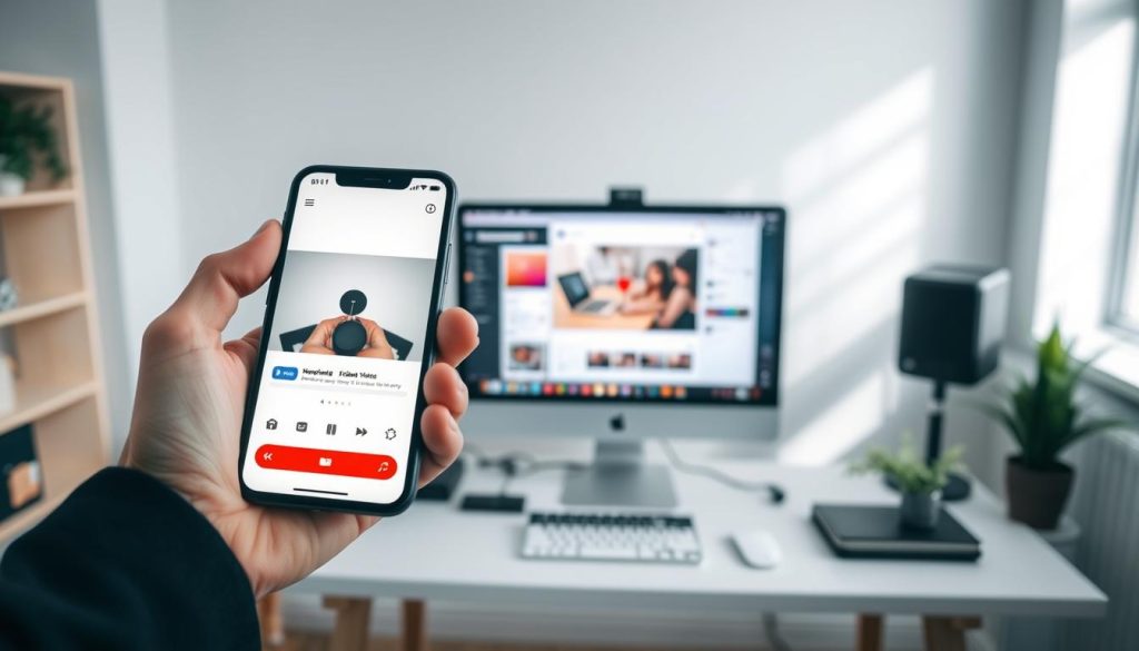 A social media post showcasing a person uploading a video. In the foreground, a hand holds a smartphone with the screen displaying the video upload interface. The middle ground features a desktop computer with social media platforms open, conveying the process of optimizing and publishing the video. The background depicts a minimalist home office setting with clean lines, natural lighting, and a sense of focus and productivity. The overall mood is professional, organized, and geared towards effectively sharing video content across various social media channels.