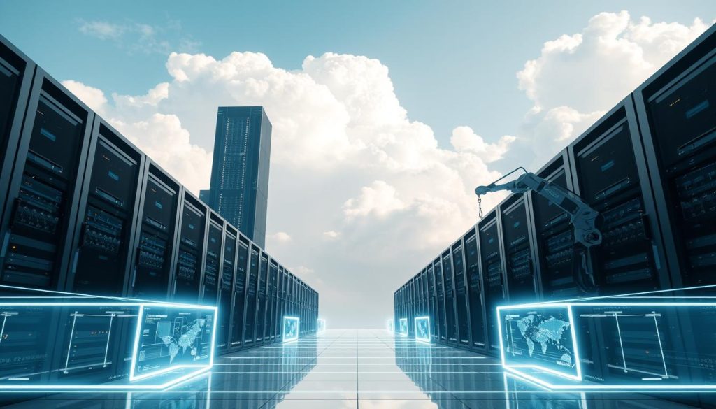 A towering data center rises against a serene sky, its sleek architectural lines and glowing lights contrasting with the fluffy white clouds above. In the foreground, futuristic server racks and cooling systems hum with efficiency, while along the edges, holographic interfaces and robotic arms demonstrate the power of cloud computing. The scene is illuminated by soft, diffuse lighting that accentuates the clean, modern aesthetic, creating a sense of balance and harmony between technology and the natural world. This is the infrastructure of the future: an interconnected, energy-efficient network of edge devices and smart systems, seamlessly blending the digital and physical realms. A towering data center rises against a serene sky, its sleek architectural lines and glowing lights contrasting with the fluffy white clouds above. In the foreground, futuristic server racks and cooling systems hum with efficiency, while along the edges, holographic interfaces and robotic arms demonstrate the power of cloud computing. The scene is illuminated by soft, diffuse lighting that accentuates the clean, modern aesthetic, creating a sense of balance and harmony between technology and the natural world. This is the infrastructure of the future: an interconnected, energy-efficient network of edge devices and smart systems, seamlessly blending the digital and physical realms.