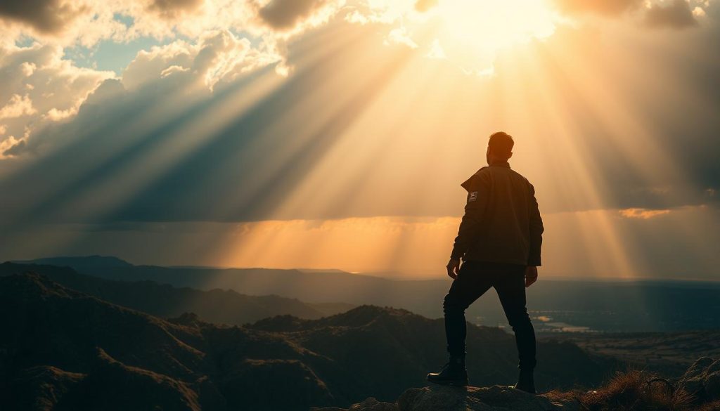 A triumphant figure stands tall, shoulders back, gaze resolute. Sunlight streams through a dramatic skyscape, casting a warm glow on the scene. In the foreground, a powerful silhouette commands attention, embodying the spirit of valor - unwavering determination, steadfast courage, and a deep sense of purpose. The middle ground reveals a rugged, weathered landscape, hinting at the challenges overcome. In the distance, a horizon line glows with the promise of new horizons, symbolizing the potential for growth and advancement. This image evokes a sense of strategic vision, calculated risk-taking, and the pursuit of ambitious goals - the core essence of the article's subject matter.