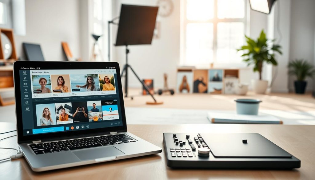 A vibrant and clean workspace for the Canva editor, showcasing a laptop displaying the app's intuitive interface. In the foreground, an array of photo editing tools and filters are neatly organized, ready for quick and effortless image customization. The middle ground features a selection of stylish stock photos and design elements, allowing for seamless content creation. The background is a bright, airy studio setting with natural lighting pouring in, creating a productive and inspiring atmosphere. The overall scene conveys the ease and efficiency of using Canva to create visually compelling images for social media and digital content. A vibrant and clean workspace for the Canva editor, showcasing a laptop displaying the app's intuitive interface. In the foreground, an array of photo editing tools and filters are neatly organized, ready for quick and effortless image customization. The middle ground features a selection of stylish stock photos and design elements, allowing for seamless content creation. The background is a bright, airy studio setting with natural lighting pouring in, creating a productive and inspiring atmosphere. The overall scene conveys the ease and efficiency of using Canva to create visually compelling images for social media and digital content.