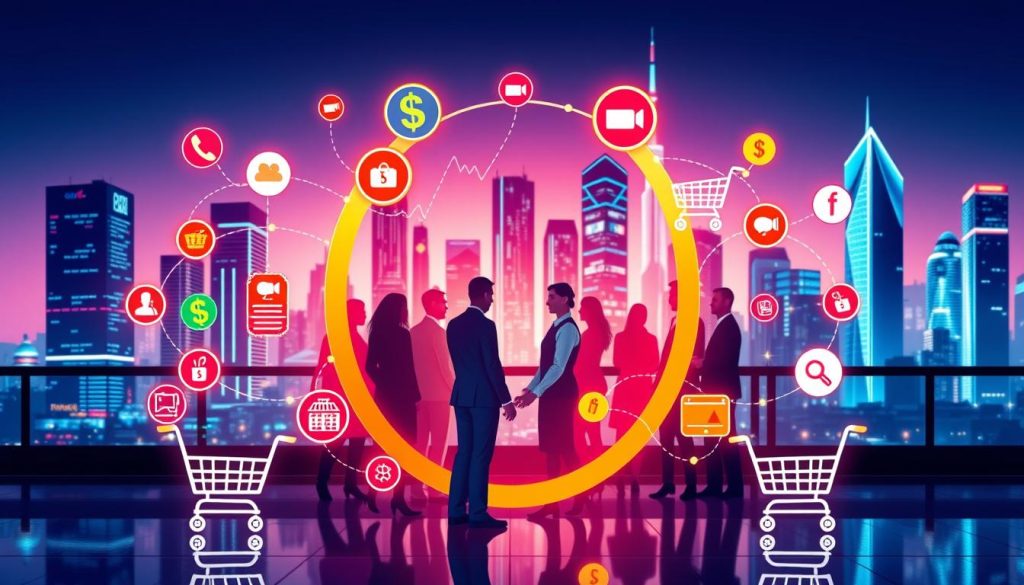 A vibrant and eye-catching affiliate program concept. In the foreground, an interlocking network of dollar signs, shopping carts, and handshake icons symbolize the collaborative nature of affiliate marketing. The middle ground features a diverse group of people, each representing a different stakeholder - influencers, businesses, and consumers - all engaged in the affiliate ecosystem. In the background, a sleek, modern cityscape with skyscrapers and neon lights sets the scene, conveying the fast-paced, tech-savvy world of online commerce. Bright, saturated colors, dynamic composition, and sharp focus create a visually stimulating and professional illustration of the "affiliate program" theme. A vibrant and eye-catching affiliate program concept. In the foreground, an interlocking network of dollar signs, shopping carts, and handshake icons symbolize the collaborative nature of affiliate marketing. The middle ground features a diverse group of people, each representing a different stakeholder - influencers, businesses, and consumers - all engaged in the affiliate ecosystem. In the background, a sleek, modern cityscape with skyscrapers and neon lights sets the scene, conveying the fast-paced, tech-savvy world of online commerce. Bright, saturated colors, dynamic composition, and sharp focus create a visually stimulating and professional illustration of the "affiliate program" theme.