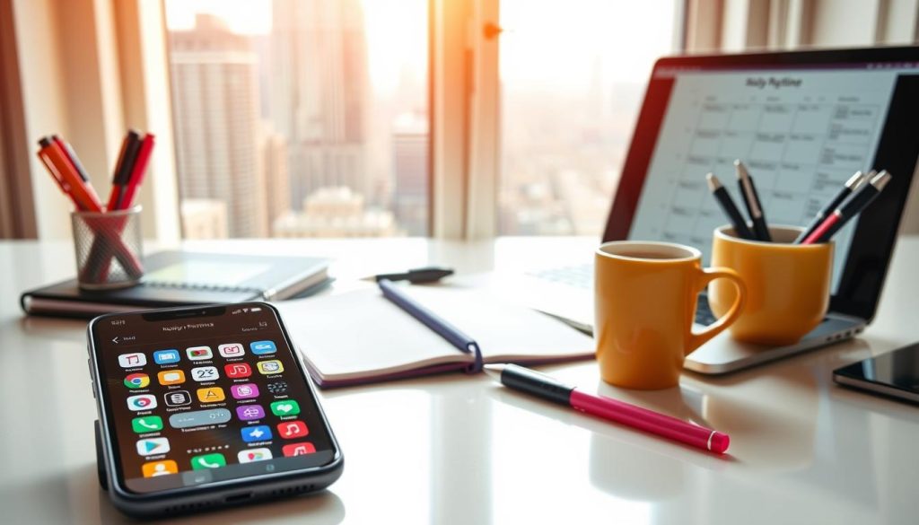 A vibrant and organized daily routine unfolds on a bright desktop. In the foreground, a smartphone displays various productivity apps, icons neatly arranged. Beside it, a planner, pens, and a cup of coffee set the stage for focused planning. The middle ground features a laptop with a schedule and to-do list displayed, suggesting efficient time management. In the background, a window overlooks a bustling city, conveying a sense of purpose and accomplishment. Warm, natural lighting bathes the scene, creating a welcoming and inspirational atmosphere for establishing a productive daily routine.