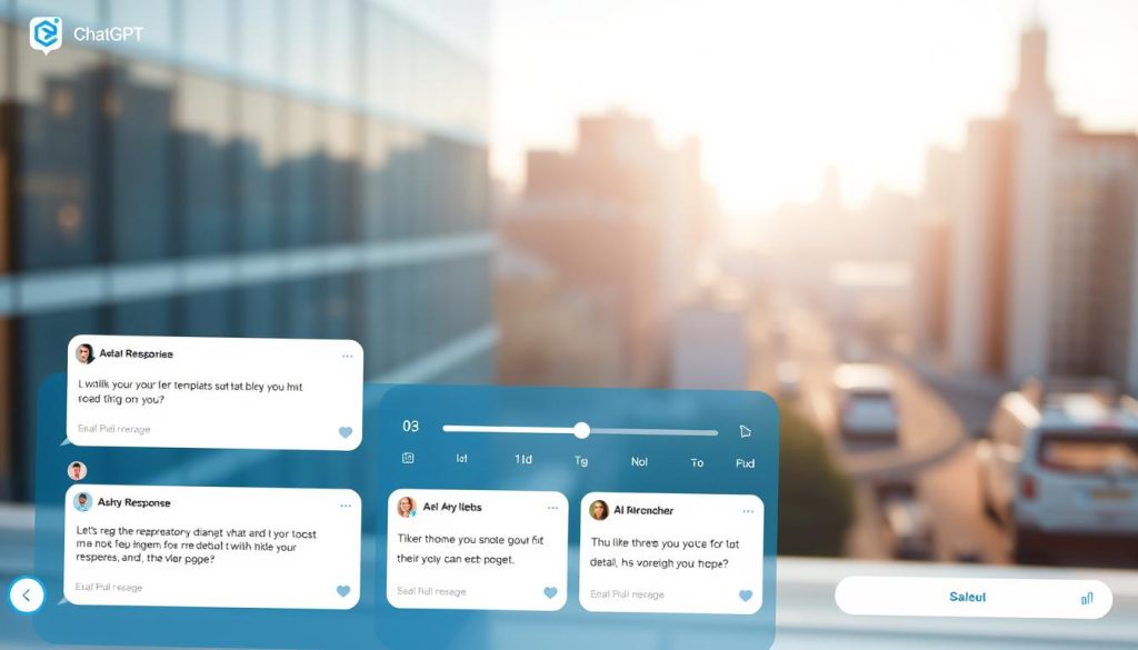 A vibrant and personalized ChatGPT interface, featuring a serene blue and white color scheme with clean, minimalist design. The foreground displays a series of customizable response templates, each with a distinct typographic style and mood, ready to be tailored to the user's preferences. The middle ground showcases a set of sliders and controls, allowing the user to fine-tune the tone, formality, and level of detail in the AI's responses. The background depicts a softly-blurred cityscape, hinting at the versatility and global reach of the ChatGPT platform. Warm, natural lighting illuminates the scene, creating a sense of approachability and user-friendliness. A vibrant and personalized ChatGPT interface, featuring a serene blue and white color scheme with clean, minimalist design. The foreground displays a series of customizable response templates, each with a distinct typographic style and mood, ready to be tailored to the user's preferences. The middle ground showcases a set of sliders and controls, allowing the user to fine-tune the tone, formality, and level of detail in the AI's responses. The background depicts a softly-blurred cityscape, hinting at the versatility and global reach of the ChatGPT platform. Warm, natural lighting illuminates the scene, creating a sense of approachability and user-friendliness.