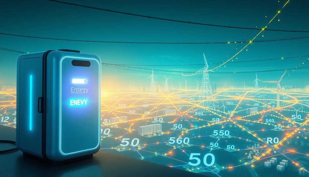 A vibrant, dynamic illustration of the concept of "energia" (energy), showcasing the intersection of sustainable digital technologies and the power grid of the future. In the foreground, a sleek, futuristic battery storage system glows with an ethereal blue light, its clean lines and efficient design symbolizing advancements in energy storage. In the middle ground, a network of interconnected smart grids and renewable energy sources, such as solar panels and wind turbines, weave a tapestry of green, renewable power. The background depicts a sprawling, hyper-connected cityscape, illuminated by the warm glow of efficient, eco-friendly lighting systems, all working in harmony to power a sustainable, technology-driven future. The overall scene conveys a sense of optimism, progress, and a commitment to a greener, more energy-efficient world. A vibrant, dynamic illustration of the concept of "energia" (energy), showcasing the intersection of sustainable digital technologies and the power grid of the future. In the foreground, a sleek, futuristic battery storage system glows with an ethereal blue light, its clean lines and efficient design symbolizing advancements in energy storage. In the middle ground, a network of interconnected smart grids and renewable energy sources, such as solar panels and wind turbines, weave a tapestry of green, renewable power. The background depicts a sprawling, hyper-connected cityscape, illuminated by the warm glow of efficient, eco-friendly lighting systems, all working in harmony to power a sustainable, technology-driven future. The overall scene conveys a sense of optimism, progress, and a commitment to a greener, more energy-efficient world.