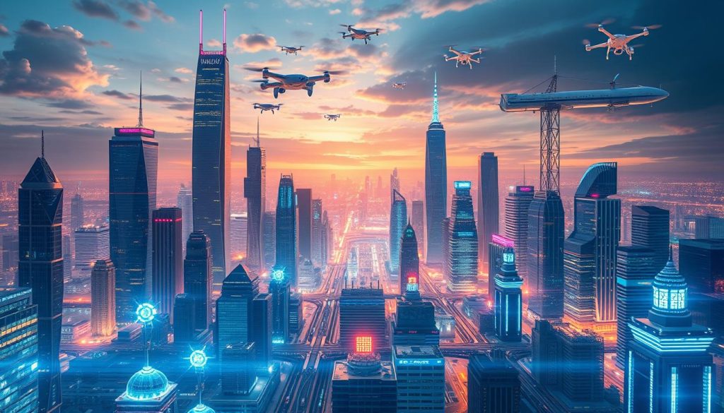 A vibrant futuristic cityscape with a dynamic ecosystem of emerging technologies pulsing through its core. In the foreground, a sleek array of holographic interfaces, AI-driven robots, and quantum computing devices. The middle ground features towering skyscrapers adorned with shimmering displays and cutting-edge renewable energy systems. In the background, a majestic skyline of hovercrafts, drone networks, and advanced transportation infrastructure, all bathed in a warm, glow of next-generation connectivity. The scene conveys a sense of rapid innovation, seamless integration, and boundless potential for digital transformation. A vibrant futuristic cityscape with a dynamic ecosystem of emerging technologies pulsing through its core. In the foreground, a sleek array of holographic interfaces, AI-driven robots, and quantum computing devices. The middle ground features towering skyscrapers adorned with shimmering displays and cutting-edge renewable energy systems. In the background, a majestic skyline of hovercrafts, drone networks, and advanced transportation infrastructure, all bathed in a warm, glow of next-generation connectivity. The scene conveys a sense of rapid innovation, seamless integration, and boundless potential for digital transformation.