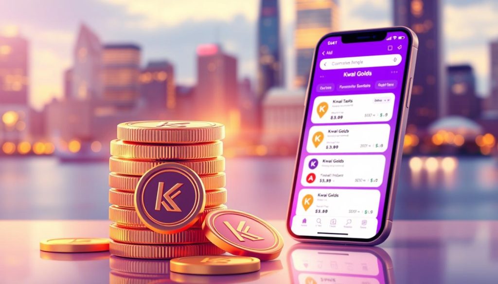 A vibrant illustration of "Kwai Golds", the virtual currency earned through daily missions and referrals on the Kwai video-sharing platform. In the foreground, a stack of shimmering gold coins, each emblazoned with the Kwai logo, casting a warm glow. In the middle ground, a smartphone displaying the Kwai app interface, showcasing the various tasks and incentives that allow users to accumulate Kwai Golds. The background features a serene, blurred cityscape, hinting at the potential of converting these virtual rewards into real-world gains. The overall composition conveys a sense of opportunity, financial empowerment, and the allure of passive income through engaging with the Kwai ecosystem.