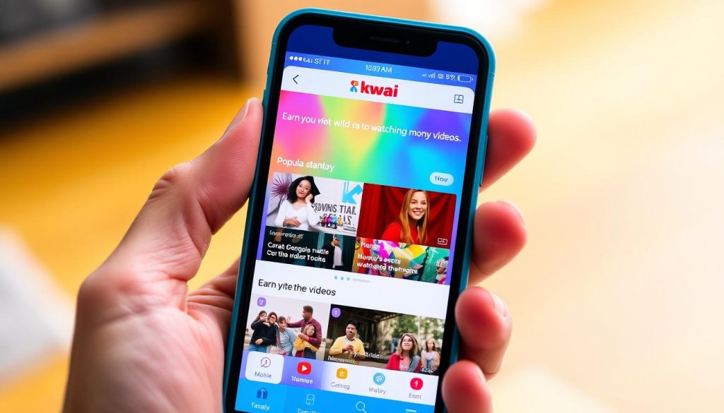 A vibrant, visually engaging image of the Kwai app on a smartphone screen, showcasing the platform's colorful interface and immersive video content. The device is held in a hand, framed against a warm, blurred background that suggests a relaxed, casual setting. The screen displays a selection of Kwai's popular video thumbnails, inviting the viewer to explore the platform's engaging content. The overall composition conveys a sense of energy, discovery, and the potential for earning money through watching and sharing videos on the platform. A vibrant, visually engaging image of the Kwai app on a smartphone screen, showcasing the platform's colorful interface and immersive video content. The device is held in a hand, framed against a warm, blurred background that suggests a relaxed, casual setting. The screen displays a selection of Kwai's popular video thumbnails, inviting the viewer to explore the platform's engaging content. The overall composition conveys a sense of energy, discovery, and the potential for earning money through watching and sharing videos on the platform.