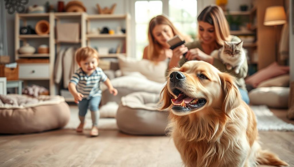 A warm, inviting scene of pets and their loving owners. In the foreground, a joyful golden retriever playing fetch with a child, their laughter filling the air. In the middle ground, a woman gently brushing her long-haired cat, their bond evident in her gentle touch. The background reveals a cozy, well-appointed home with plush pet beds, toys, and other care items, all bathed in soft, natural lighting that creates a serene, nurturing atmosphere. The overall mood is one of comfort, contentment, and the rewarding connection between humans and their beloved animal companions.
