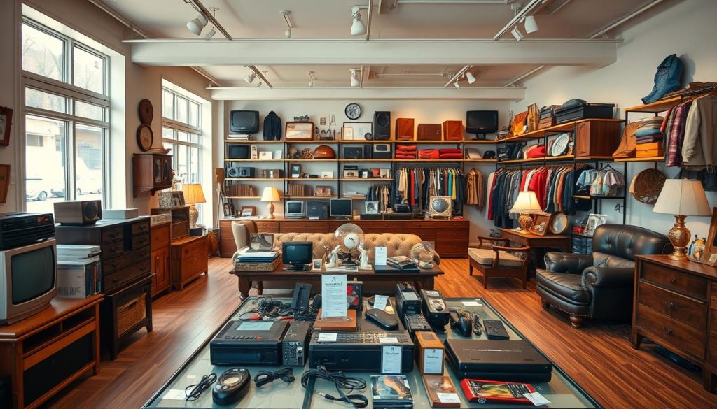 A well-lit, meticulously arranged showroom showcasing a diverse array of pre-owned items, including vintage electronics, refurbished furniture, and gently used apparel. The foreground features a central display table with carefully curated items, each with a subtle price tag. The middle ground depicts a neatly organized shelving system showcasing an assortment of goods, while the background captures a warm, inviting ambiance with soft lighting and a clean, minimalist aesthetic. The overall scene conveys a sense of opportunity, where the viewer can envision transforming their unused possessions into financial gain. A well-lit, meticulously arranged showroom showcasing a diverse array of pre-owned items, including vintage electronics, refurbished furniture, and gently used apparel. The foreground features a central display table with carefully curated items, each with a subtle price tag. The middle ground depicts a neatly organized shelving system showcasing an assortment of goods, while the background captures a warm, inviting ambiance with soft lighting and a clean, minimalist aesthetic. The overall scene conveys a sense of opportunity, where the viewer can envision transforming their unused possessions into financial gain.