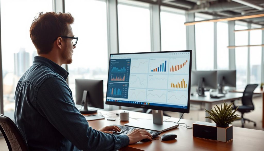 A well-lit office scene with a desktop computer displaying analytical data and insights. In the foreground, a professional-looking person reviewing the screen intently, wearing a casual but smart attire. The middle ground features modern office equipment and decor, hinting at a productive work environment. The background showcases expansive windows overlooking a cityscape, providing a sense of scale and context. The overall mood is one of focused, data-driven decision-making within a sleek, contemporary setting.