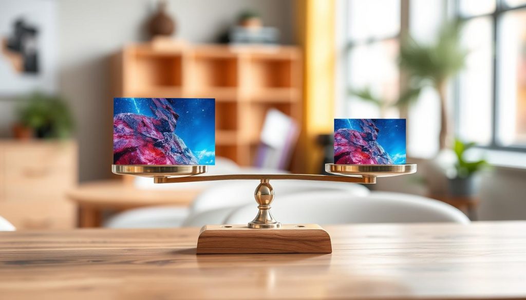 A balanced scale on a simple wooden table, with a high-quality visual representation of a vibrant, clear image on one side and a smaller, more compressed image on the other. The background features a softly blurred office setting with natural light streaming through a window, creating a warm and inviting atmosphere. The foreground highlights the details of both images, showcasing color depth and clarity, while the middle ground presents the scale as a focal point. Use a depth of field effect to emphasize the scale in a way that portrays the concept of balance between image size and quality. The mood is professional and focused, perfect for illustrating the importance of maintaining visual quality in a digital workspace.