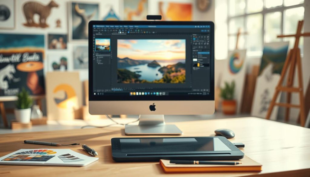 A beautifully composed workspace showcasing a computer screen with an open image editing software interface, highlighting the background removal tool. In the foreground, there's a well-organized desk with essential tools like a graphics tablet, color swatches, and a notebook. The middle layer focuses on the computer, displaying a vibrant image of a scenic view being edited with the background being removed. The background features a softly blurred art studio with various artworks, partially lit by natural sunlight coming through a window, creating a warm and inspiring atmosphere. The scene conveys a sense of creativity and professionalism, emphasizing the importance of high-quality image edits. Ensure the lighting is bright and inviting, using a warm color palette to enhance the artistic vibe.