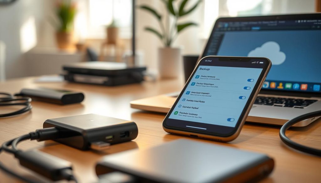 A close-up of a smartphone resting on a clean desk, surrounded by a serene atmosphere. The device displays a detailed backup settings screen, showcasing progress bars and options for saving data. In the foreground, neatly arranged tech gadgets like a portable hard drive and USB cables suggest a meticulous backup process. The middle ground features a soft-focus view of a laptop with a cloud storage interface open, subtly reflecting the digital aspect of data management. The background has a cozy workspace setting, with natural light streaming through a window, creating a warm ambiance. The entire scene conveys a sense of preparation and caution, focused on ensuring essential data is secured before any formatting operation.