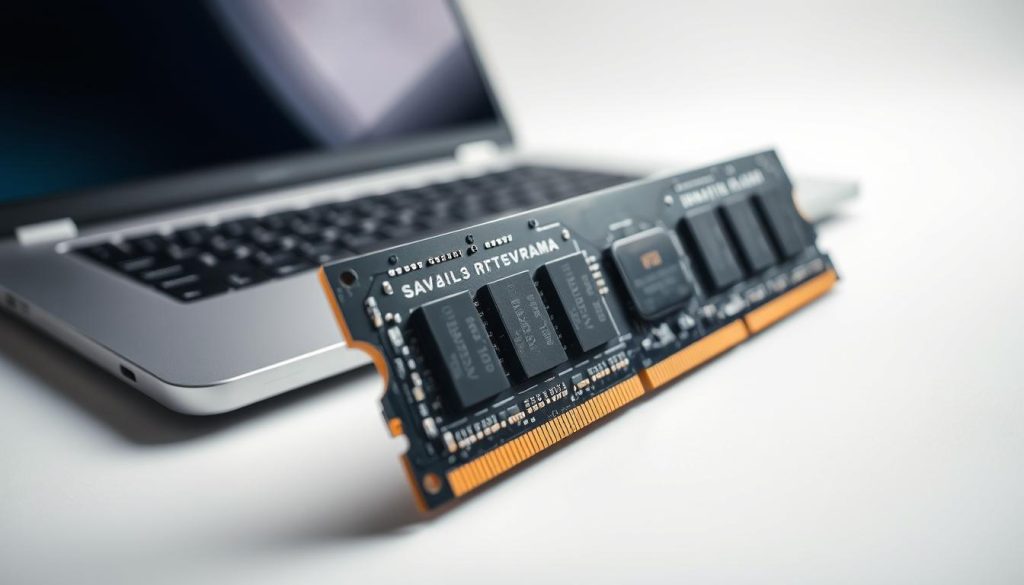 A close-up view of a high-quality RAM module, highlighting its intricate circuitry and sleek design. The foreground features the RAM stick against a clean, white background, emphasizing its metallic finish and detailed components. In the middle ground, add a blurred laptop to suggest usage context, with slightly visible ports highlighting compatibility. In the background, a subtle gradient of blue and gray symbolizes technology and productivity. Soft, diffused lighting casts gentle shadows, enhancing the RAM’s texture and making it appear vibrant and advanced. The image should evoke a sense of innovation and efficiency, capturing the essence of strategic cost-benefit evaluation in technology.