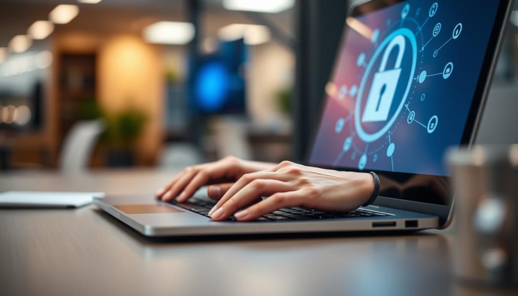 A close-up view of a modern office workspace, focusing on a sleek laptop displaying a digital lock symbol on the screen, symbolizing data privacy and protection. In the foreground, a pair of hands delicately typing on the keyboard, showcasing a person in smart business attire, engaged in securing information. The middle ground features a blurred background with soft hints of data flow graphics and abstract representations of secure networks, enhancing the concept of privacy. Soft, warm lighting casts a professional yet inviting atmosphere, with a slight bokeh effect to create depth. The overall mood is one of focus, responsibility, and empowerment in safeguarding digital access and user data.